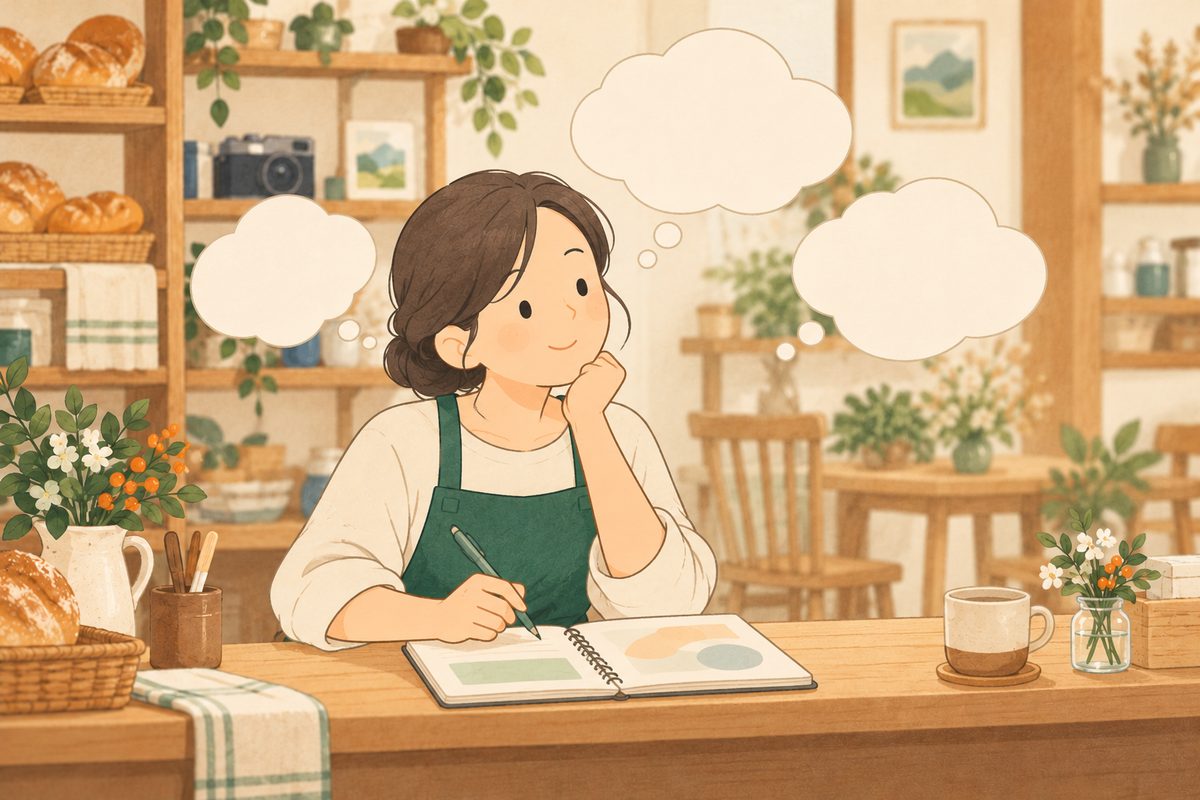 お店の人が考えごとをしている絵
