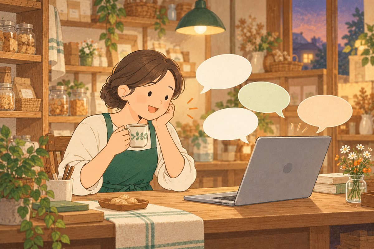 お茶を飲みながらパソコンと会話する絵