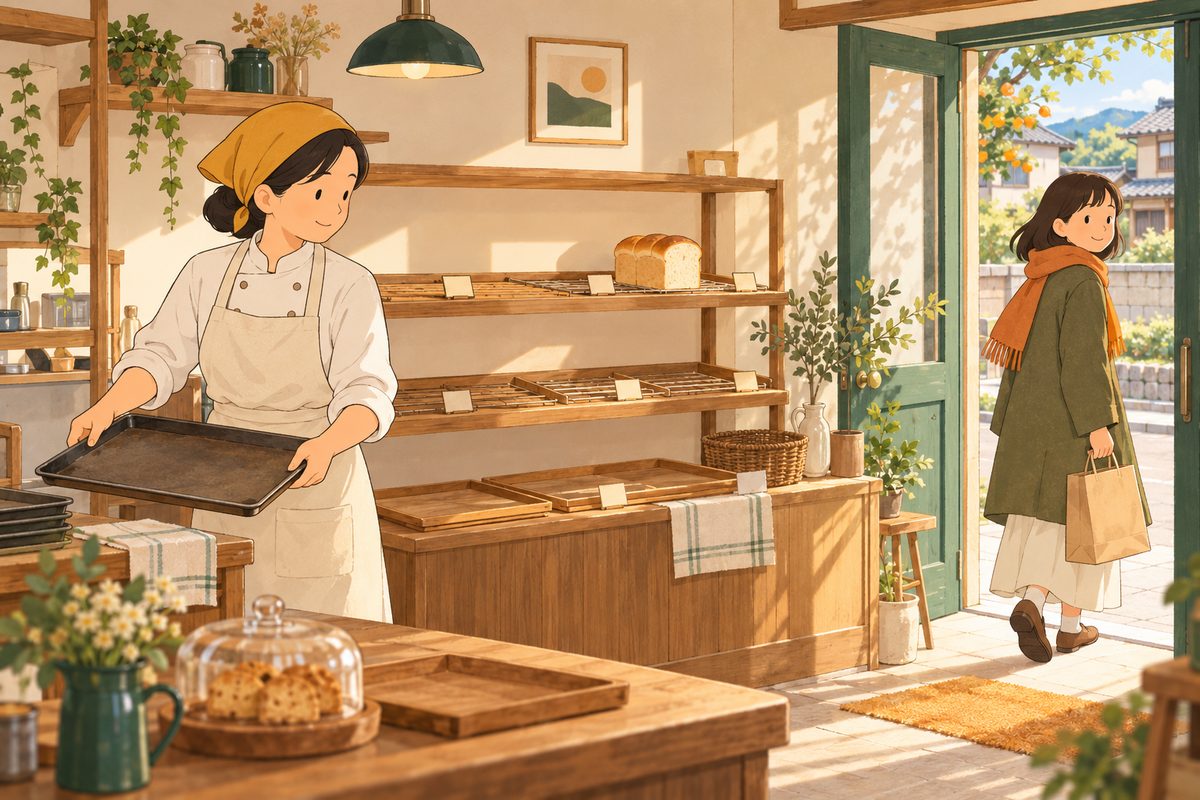 昼過ぎに棚がほとんど空になったパン屋の絵