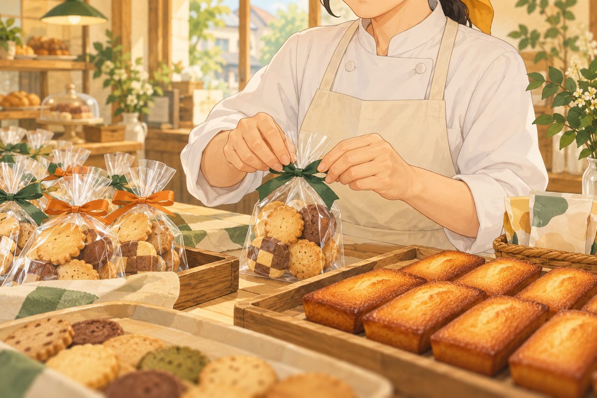 クッキーの袋とフィナンシェが並び、店主がリボンを結んでいる絵